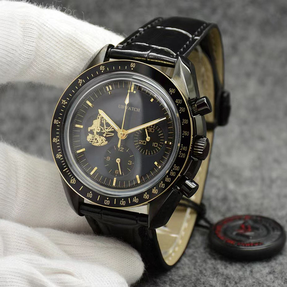 Anniversary Edition Moon Watch 42MM Quartz Chronograph Movement Function Mens Watches Black Dial Battery Power Men's Wristwatches With Leather Strap