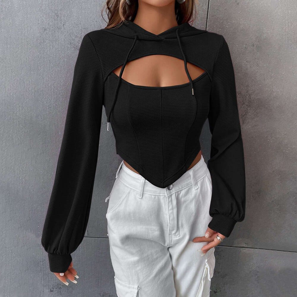 Women's Street Fashion Design Sense Hoodie Autumn And Winter Slim Fit Short Style Fake Two-Piece Top KLMY