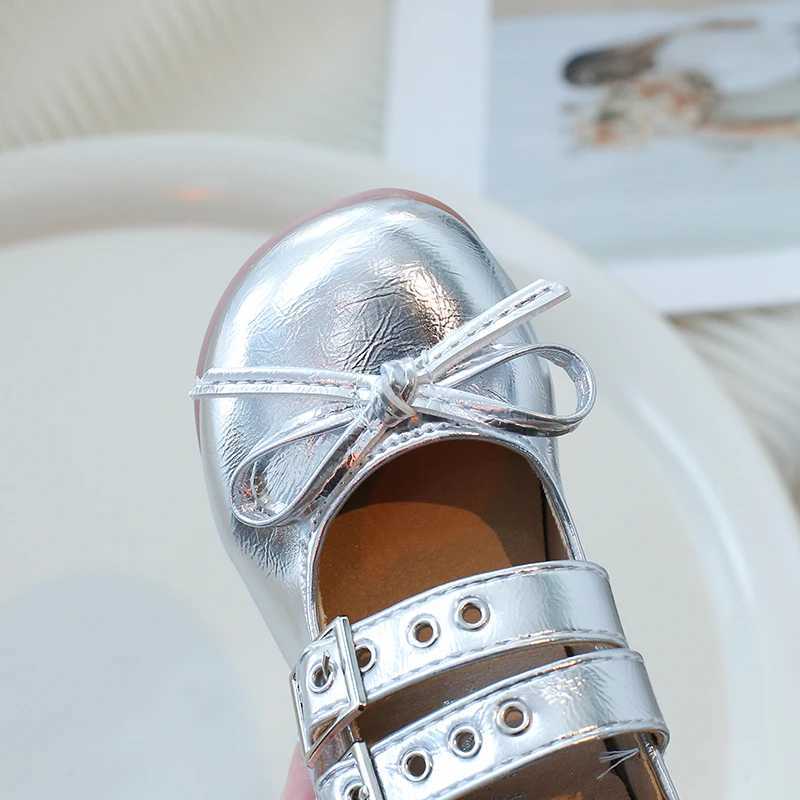 Girl Ballet Apartment Silver Punk Style Round Toe Spring Childrens Mary Jens Light Pu Leather Fully Matched Childrens Princess Shoes 24-35T250315