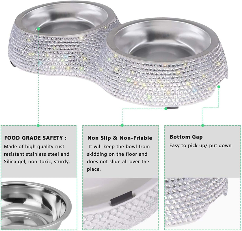 Small Cat Bowls, Handmade Bling Rhinestones Stainless Steel Pet Bowls Double Food Water Feeder for Puppy Cats Dogs Cats 320ML
