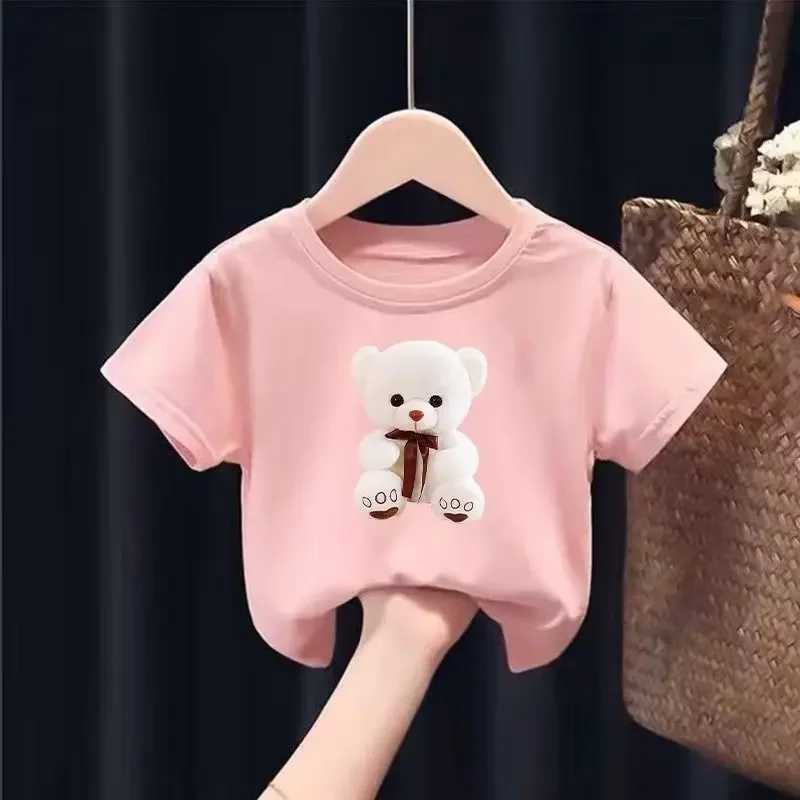 Cartoon Little White Bear Printed Round Neck T-shirt Short Sleeve Casual Boys and Girls New Trend Childrens Clothing TopT250306