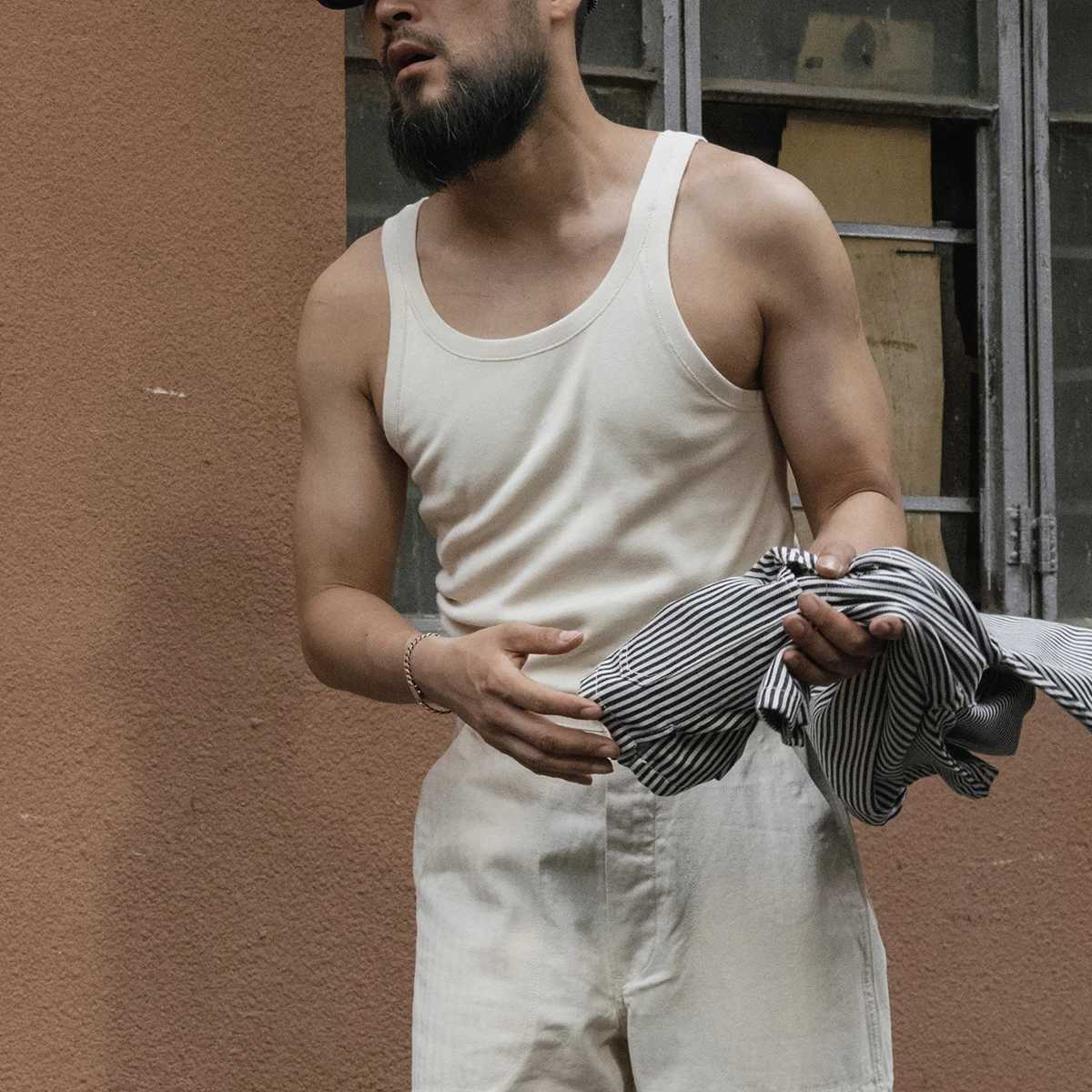 Bronson Old Fashion Thin Strap Tank Top Ribbed Cotton Sleeveless Undershirt MenT250318