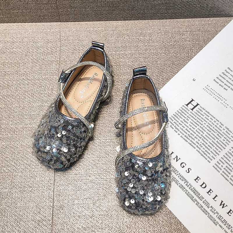 Kids Sequins Princess Shoes Crystal Fashion Ballet Flats Soft Sole Shallow Girls Shoes Rhinestone Party Wedding Children ShoesT250306