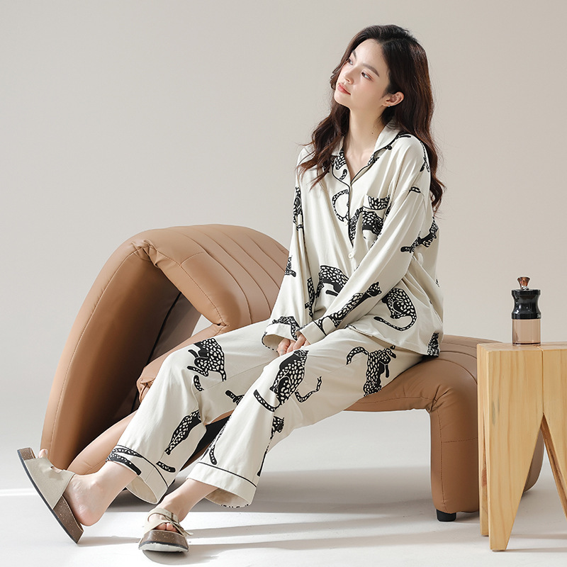 B757-Autumn Pajamas Women's Pure Cotton Long Sleeve Cardigan Lace Cotton Ladies Home Clothes Autumn