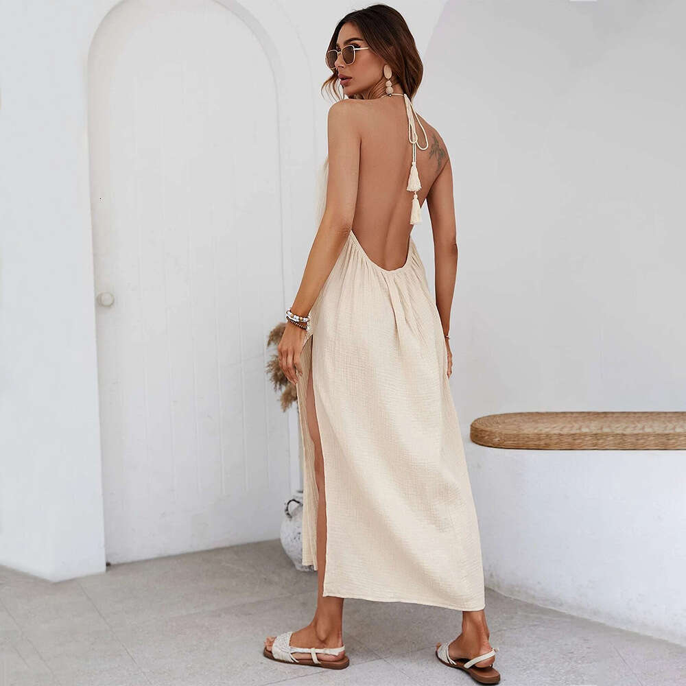 Instagram New Woven Casual Style Design Sense Open Back Beach Vacation Hanging Neck Dress KLMY