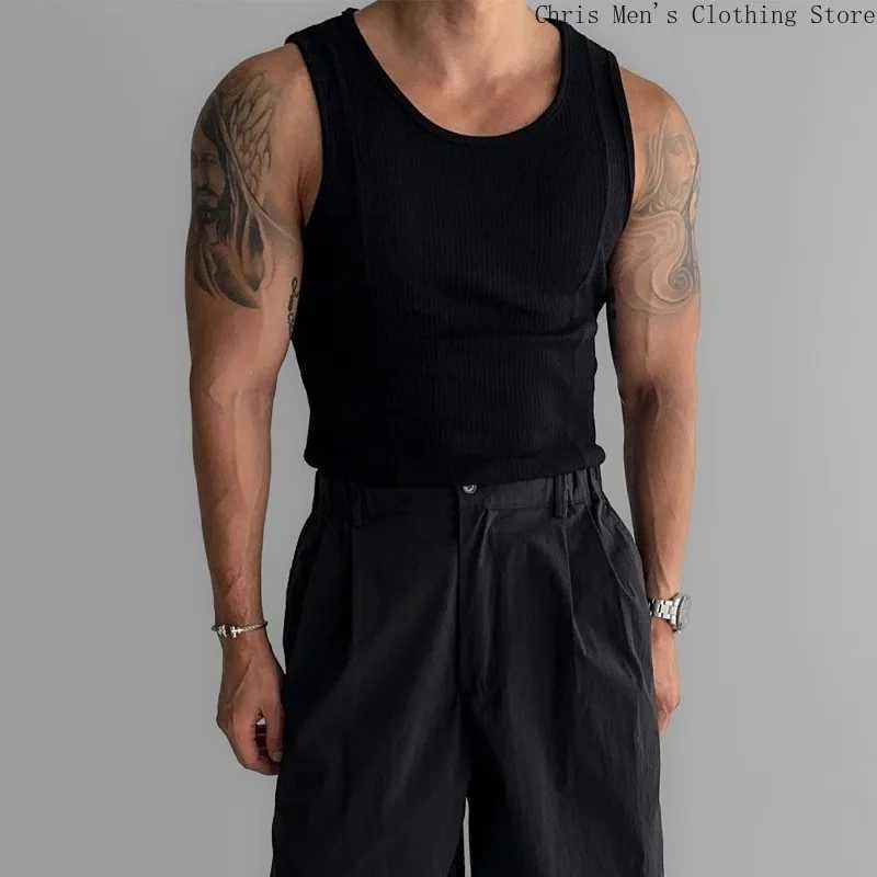 Muscle Men Elastic Tight Vest Street Fashion Solid Color Knitted Vest Fitness Sports Running Mens Sweatshirt Mens Base CoatT250318