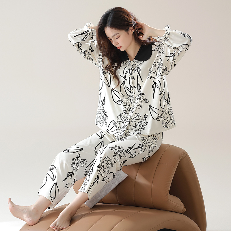 B757-Autumn Pajamas Women's Pure Cotton Long Sleeve Cardigan Lace Cotton Ladies Home Clothes Autumn