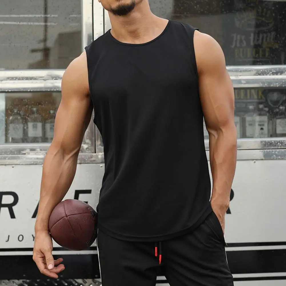 Men Vest Sweatshirt Solid Color Casual Sleeveless O-Neck Polyester Quick Dry Summer Loose Fitness Top Sports Tanks TopT250318