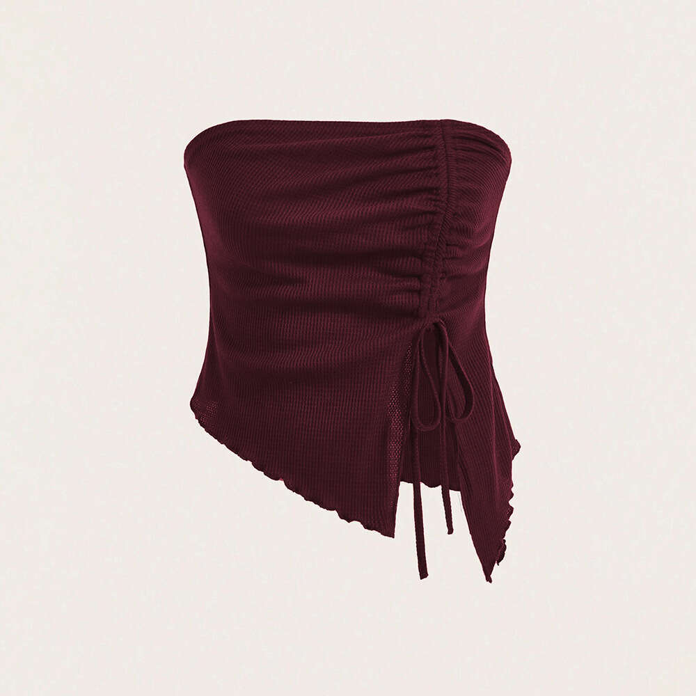 Women's Clothing 2025 Summer New Item Drawstring Slit Irregular Waffle Style Slim Fit Strapless Vest Top KLMY