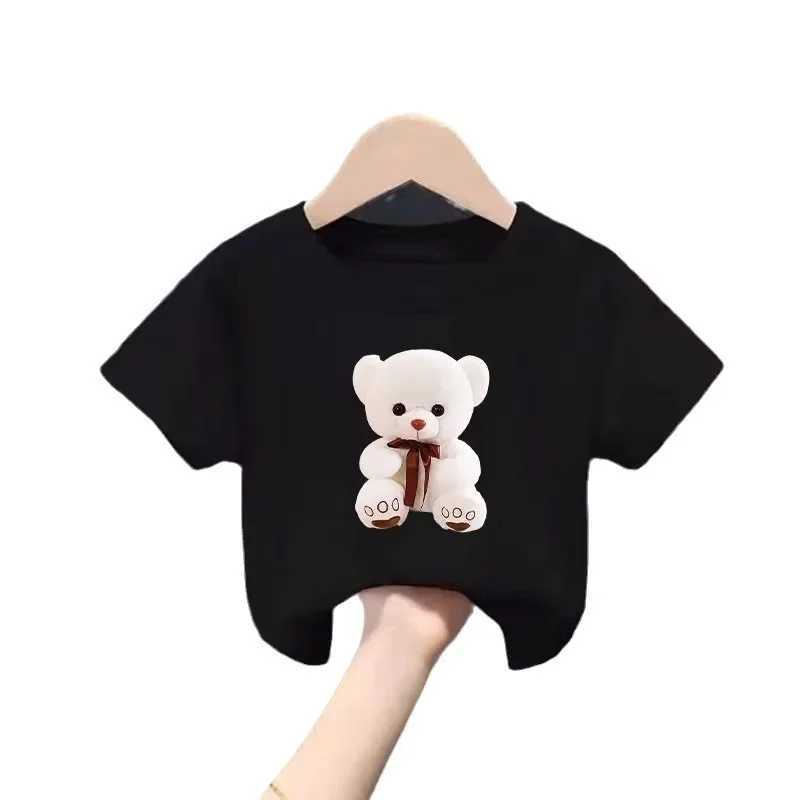 Cartoon Little White Bear Printed Round Neck T-shirt Short Sleeve Casual Boys and Girls New Trend Childrens Clothing TopT250306