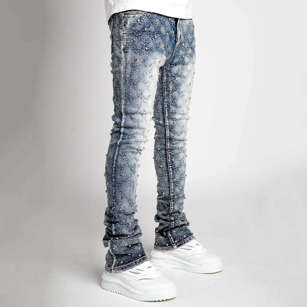Men's personality straight leg European and American Instagram hot item elastic pearl denim layered men's pants 2025 new casual versatile fa