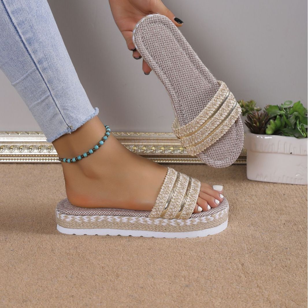 Color Candy New Style Hemp Rope Ethnic Wind Fish Mouth Women's Sandals Large Slippers Thick Bottom Summer 2025 ddmykukumalu