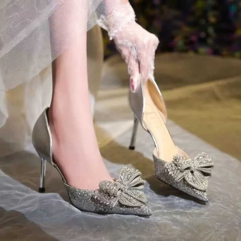 Wens Bow High H Thin H Pointed Toes Rhine Pump Warm Shoes Wedding 2025 Fairy Style Banquet Zapatillas De Mujer Y250306
