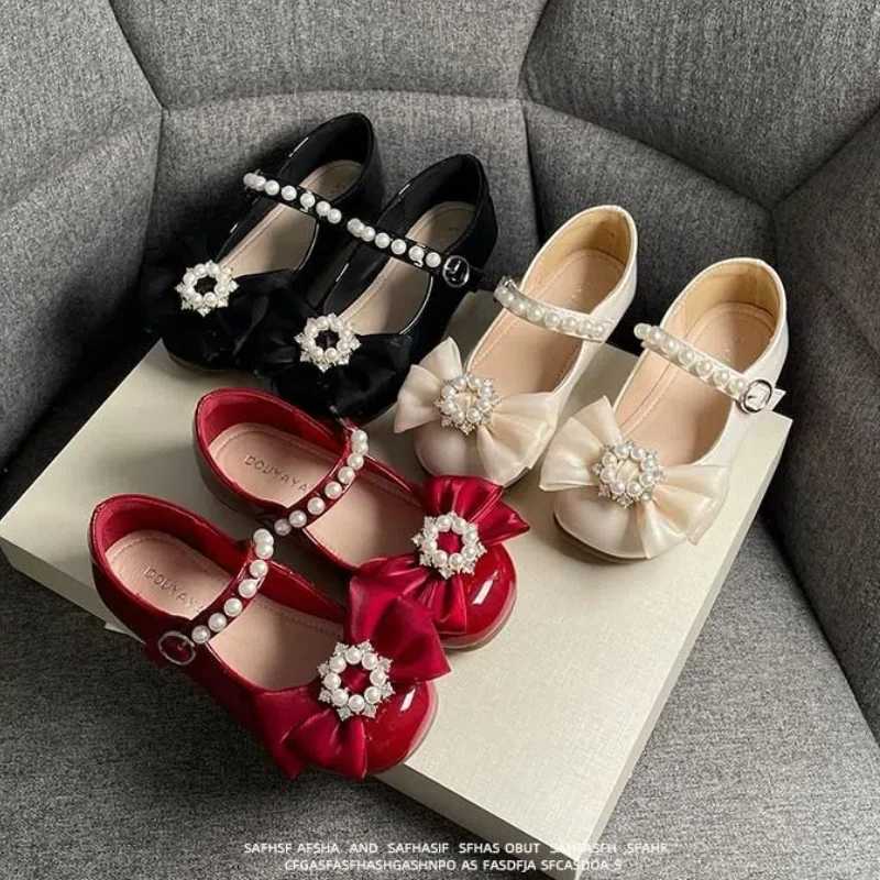 Girls Mary Janes Pearl Elegant Party Luxury Kids Princess Shoe Flat Patent Leather Shallow Wedding Children Single Shoe 26-36T250306