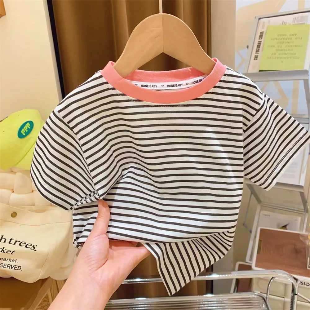 Childrens Short-Sleeved Boys Girls 2023 Summer New Striped T-Shirt Baby Thin Section Half-Sleeved Bottoming Shirt Casual WearT250306