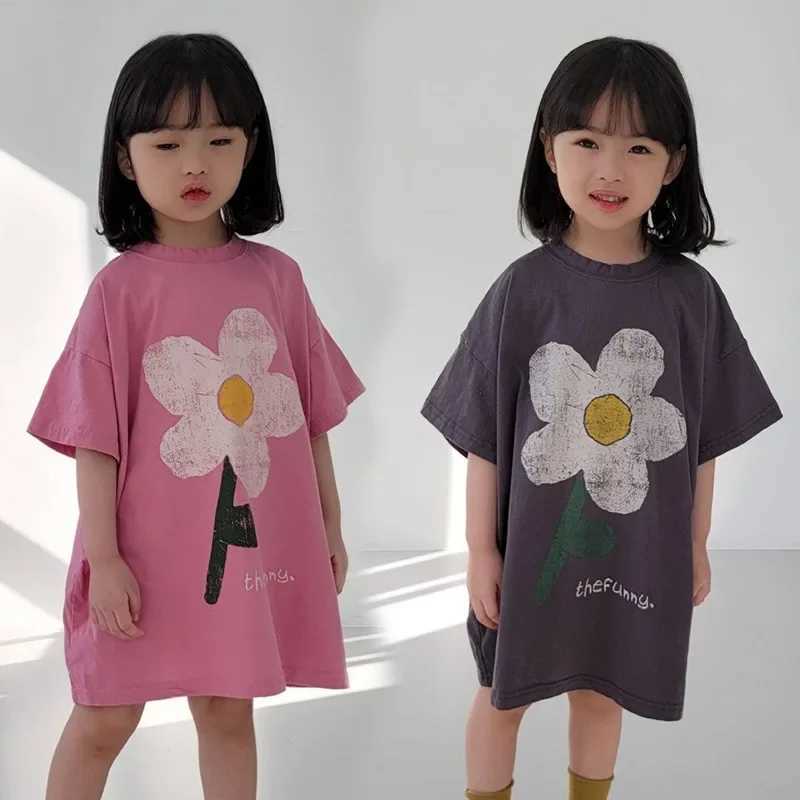 2024 Summer New Girls Short Sleeve Casual Dress Cute Flower Print Children Long T-Shirts Loose Kid Princess Girls Outfit ClothesT250306