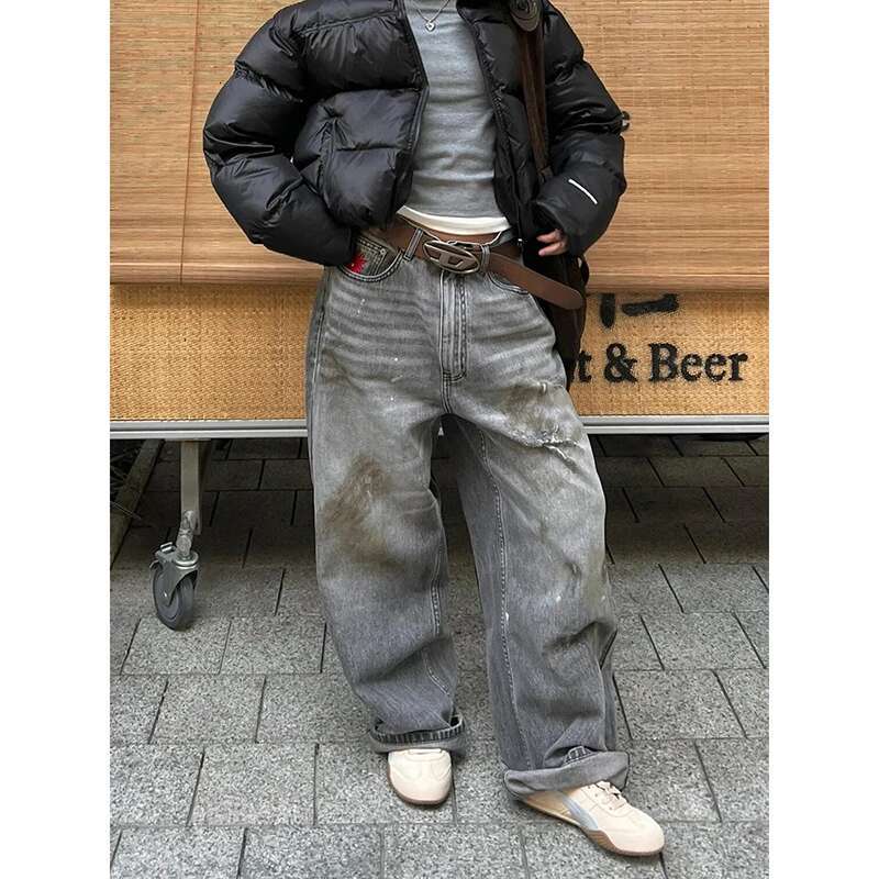2025 Spring Woman Vintage Waist Wide Leg Jeans Female High Street Y2k 2000S Casual Pants Gray Loose Cargo Denim Trouserse
