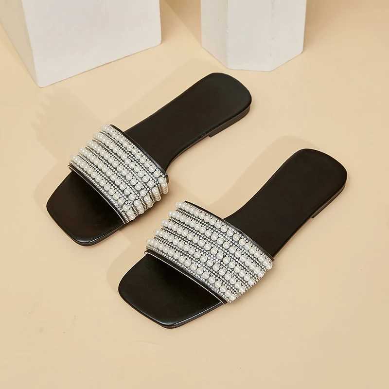 GDQQ Wen Luxury Pearl Slippers 2024 Summer Square Toe Flats Slides Sandals Wan Cfortable N Slip Beach Flip Flops Big Y250306