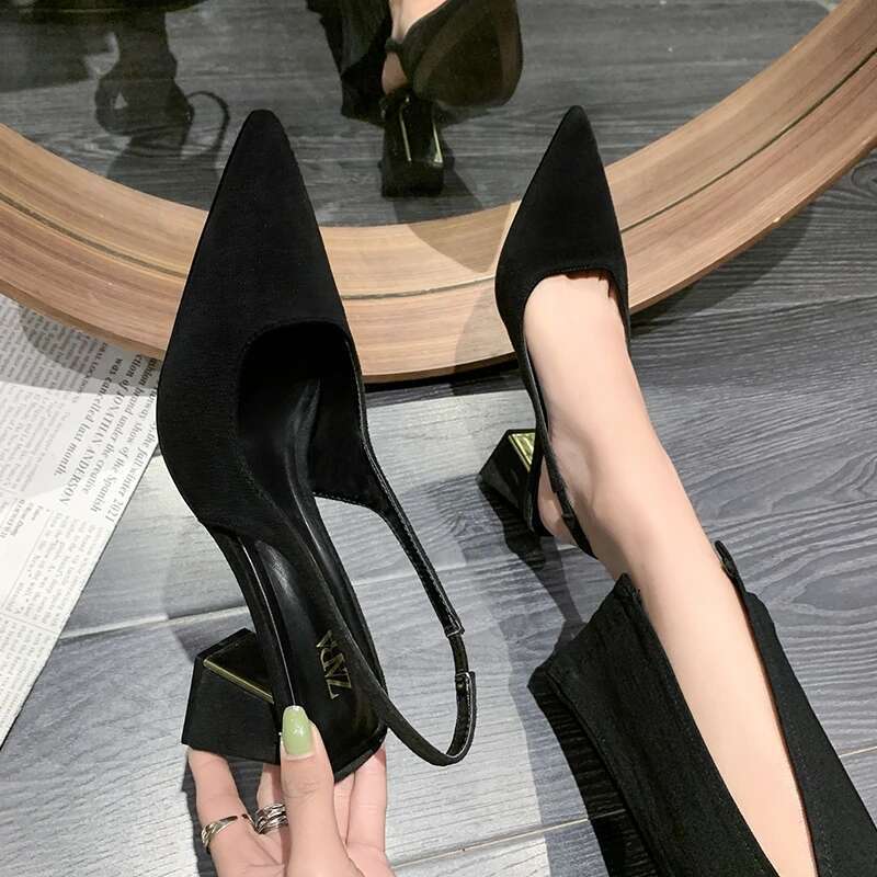Black Summer New Fashion Women's Sandals Pointed Pumps Women Office Dress Sexy Square Heel High Shoes
