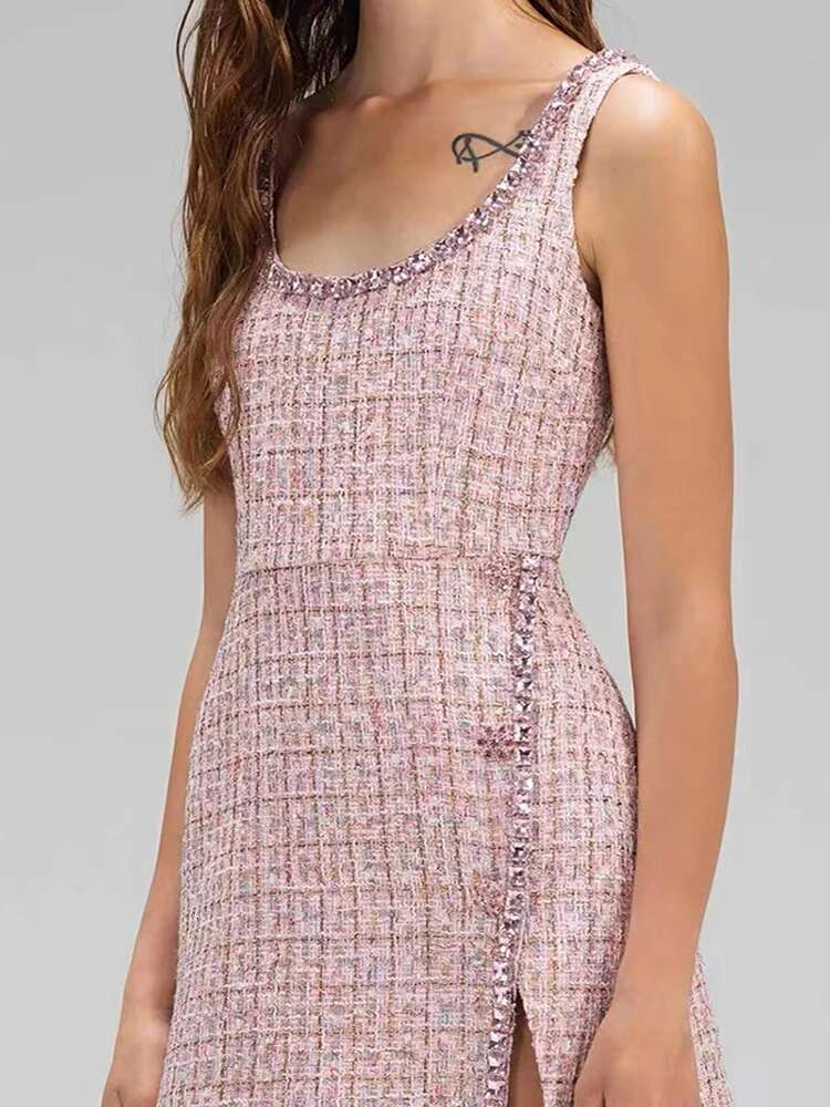 Spring Autumn New Temperament Tweed Mini Dress Women Sexy U-Neck Plaid Knit Hem Split Skirt Dia Button Tank Robe Ladies