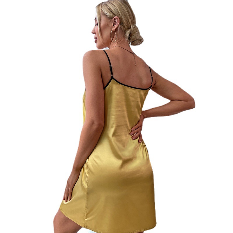 Summer Sexy Women's Ice Silk Sleepwear - Pure Color Pajama Dress with Thin Simulated Silk Straps for Home Wear