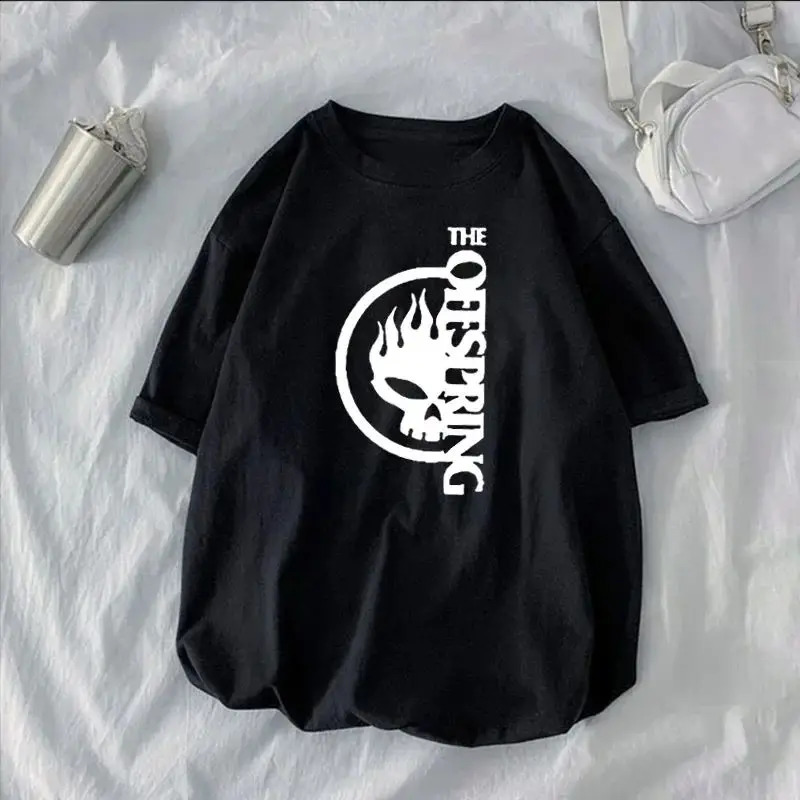 Flame Skull Head Punk Tshirt The Offspring Band Top Men Hipster Streetwear Clothing Shirts 250227