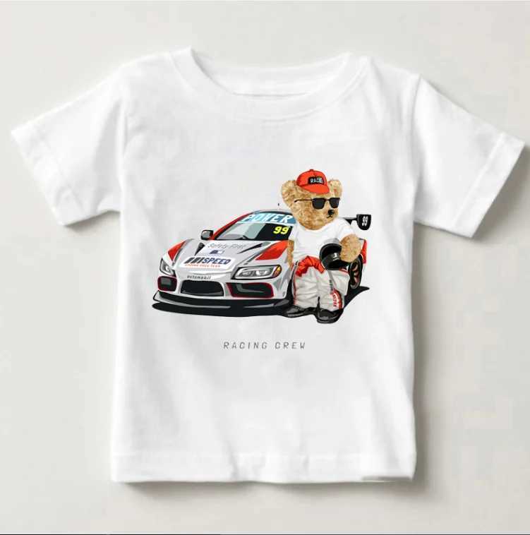 Cute Bear Riding Car Print Boys And Girls White T-shirt Childrens Summer Harajuku Kawaii Funny Baby Y2K ClothesT250306