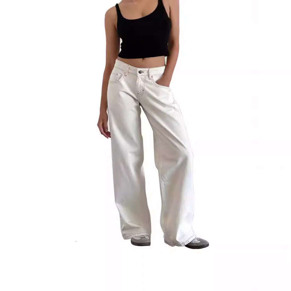 American retro low rise non elastic washed straight jeans autumn, new street wide leg denim pants for women in 2025, with a unique and elegant tempera