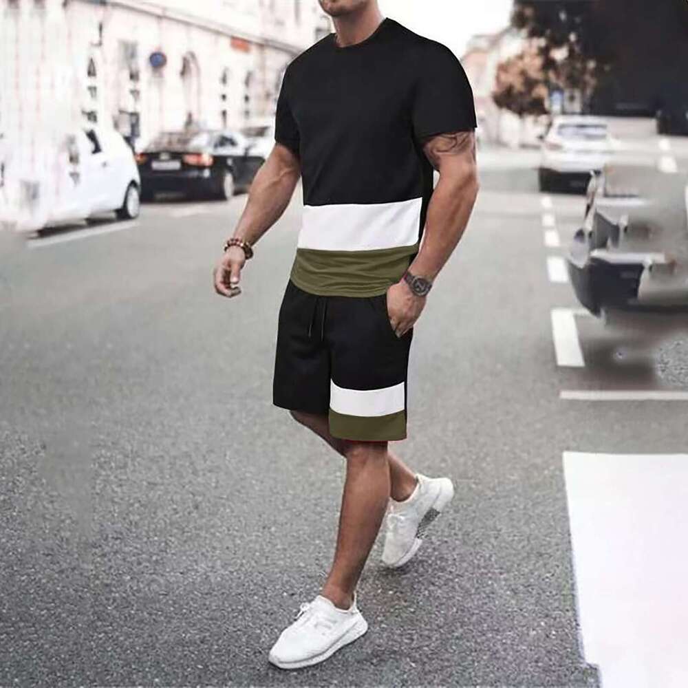 Summer Color blocked Short for Men's Ins Trendy Loose Couple Half sleeved T-shirt Top Set 2025 New Casual Versatile Fashion Clothing