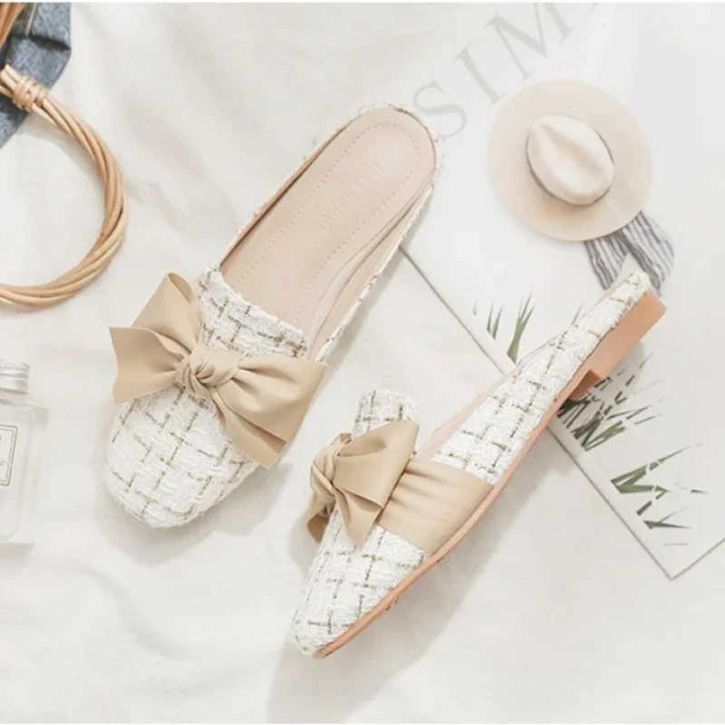 2023 Luxury Wan Knife Summer Close Toe Win Slippers Bowtie Lazy Slides Flat Heel Girl Slippers Korean Outdoor Flip Flops Y250306