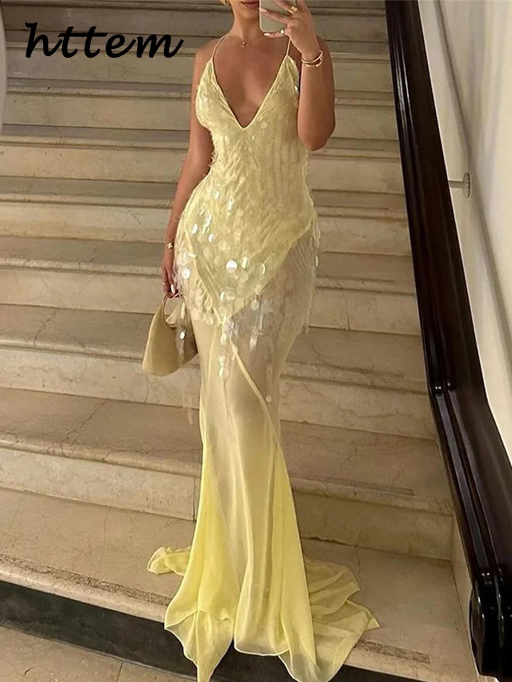 Sexy Sequins Backless Long Mermaid Dress Women Bodycon Halter Neck Sleeveless See Through Party Dresses Autumn Evening Gown 250305