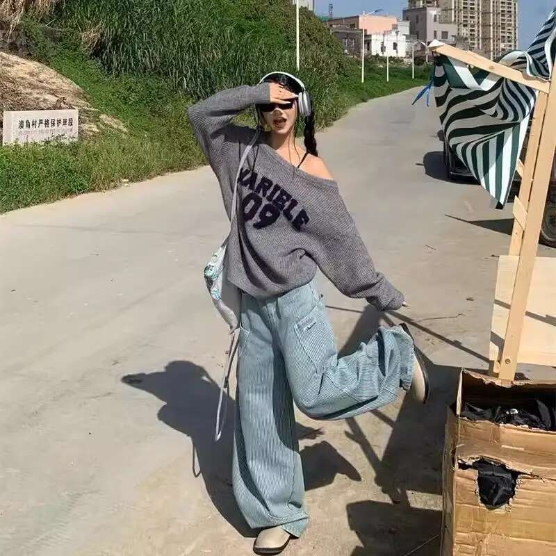 Hip Hop Fashion Y2k Original Design Large Pocket Jeans For Women Retro Spicy Girl Striped Oversize Wide Leg Or Length Pants