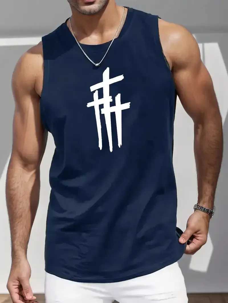 Summer Simple Letter Print Mens Round Neck Tank Top Gym Fitness Training Sports Vest Plus Size Man Sleeveless Shirt Casual TeesT250318