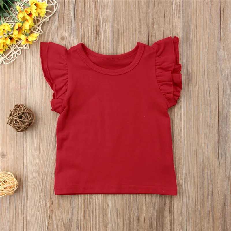 1-6Years Infant Girls T-Shirt Cotton Flying Sleeves T-Shirt For Girls Summer Solid Black White Pink Red Tee TopsT250306