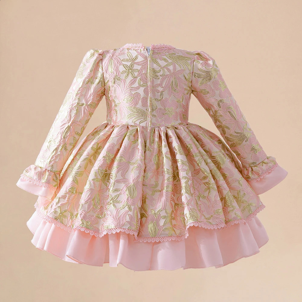 Girl Banquet Flower Dress Toddler Bow 1st Birthday Wedding Party Dress for Kids Lace Long Sleeve Prom Baby Clothes 250305
