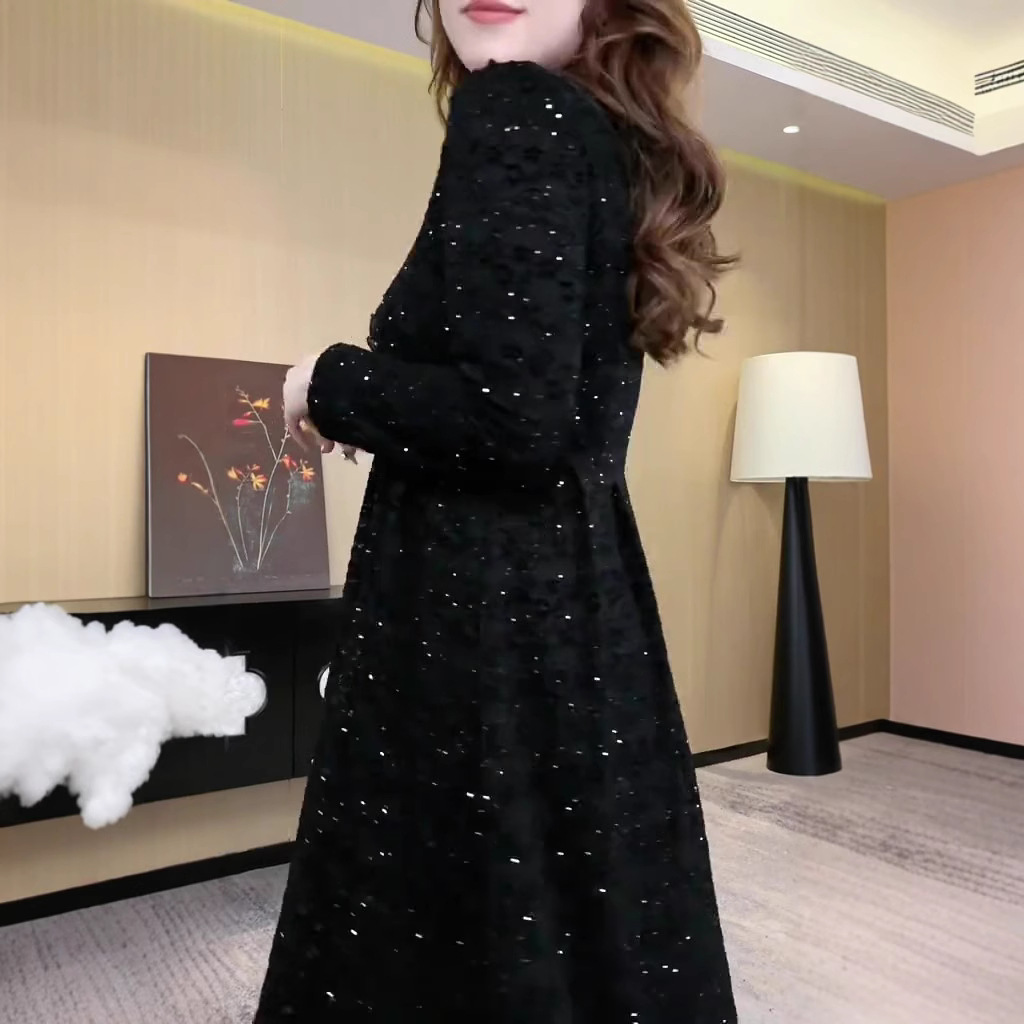 M1409 New Light Luxury Celebrity Shining Luxury Temperament Casual Long Sleeve Lace Dress Dress Large Size Women's Clothing