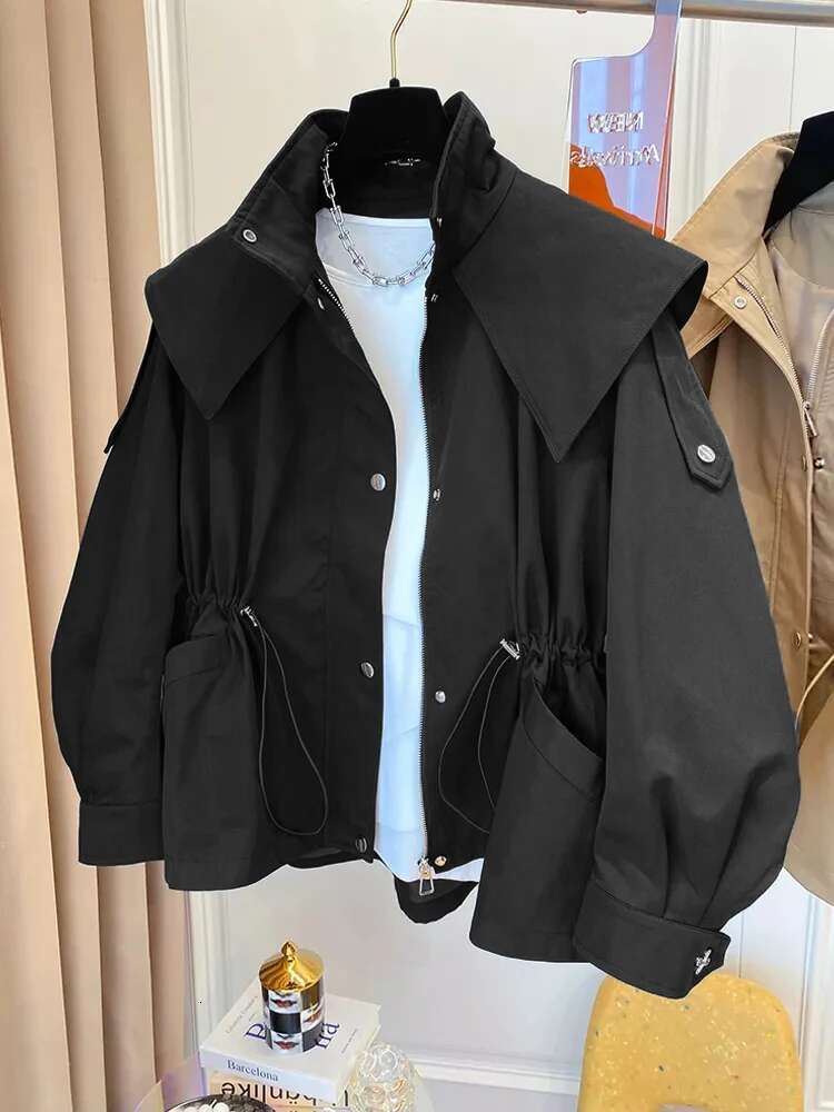 Lautaro Spring Autumn Oversized Casual Waterproof Khaki Windbreaker Women With Long Sleeve Hood Drawstring Zipper Cargo Jacket