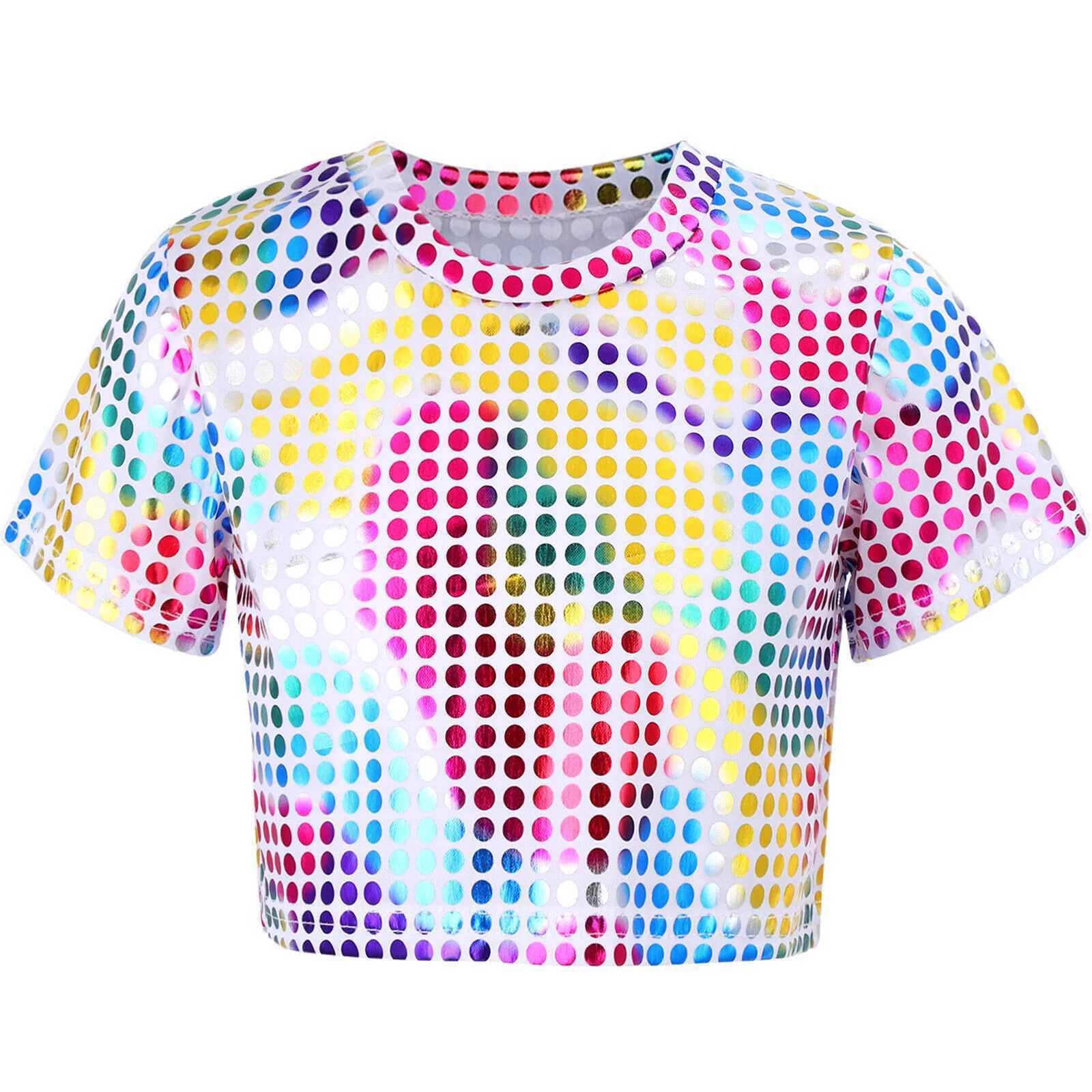 Jazz Dance Costumes Kids Boys Girls Shiny Sequins Short Sleeve Solid Color T-shirt Crop Tops Street Dance Stage Performance WearT250306