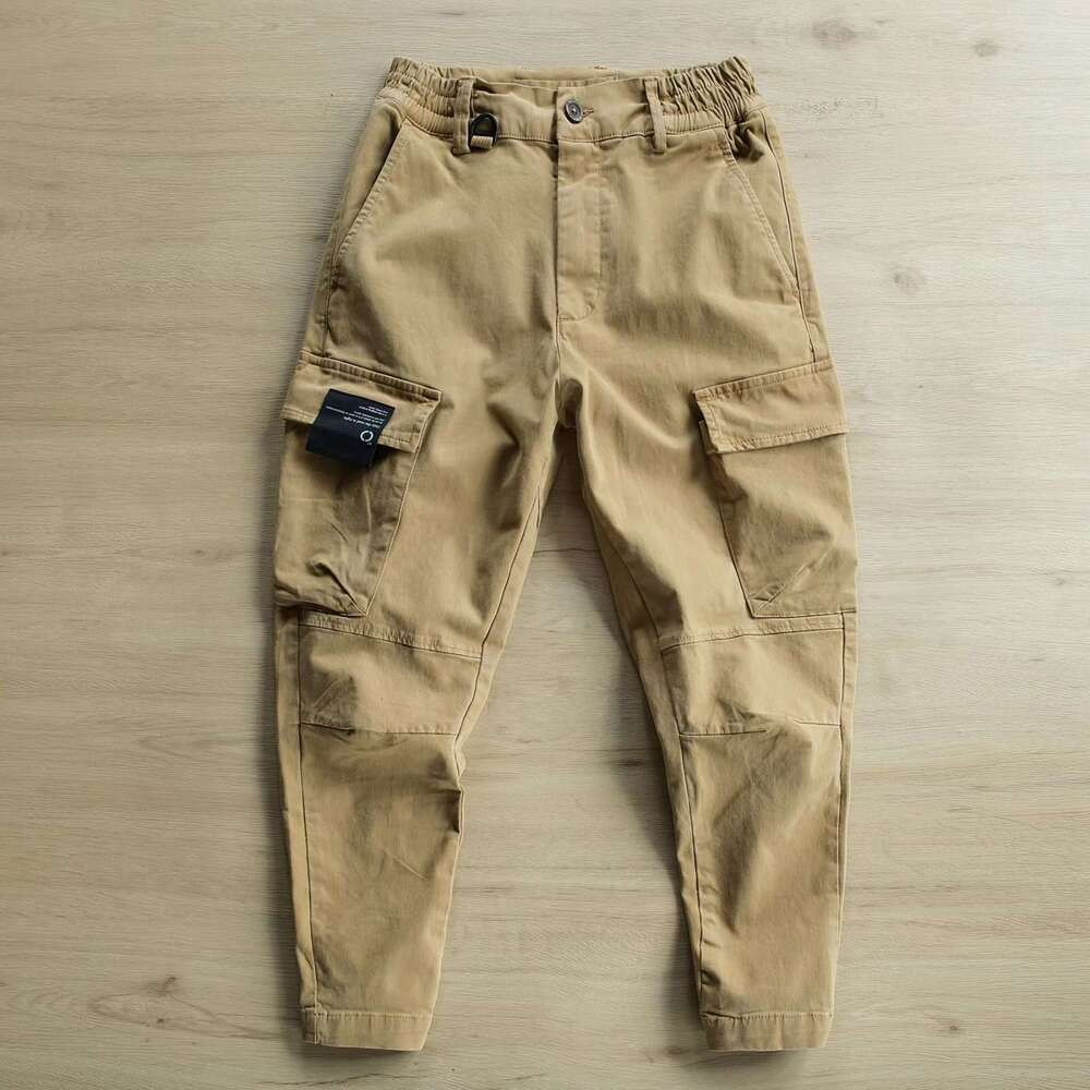 Hot selg European and American men's fashionable multi pocket solid color retro straight tube slim fit elastic waist button work pants 2025 new c