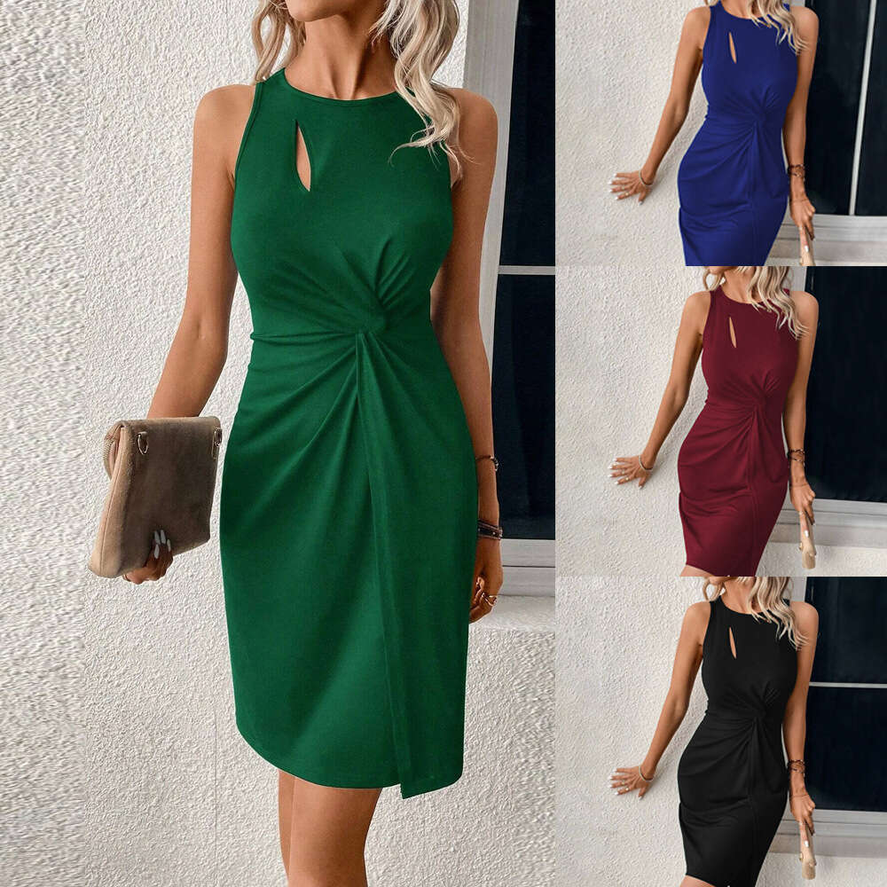 Women's Round Neck Slim Fit With Hollow Out Design, Sleeveless And Buttocks Wrapped Temperament, Commuting Dress KLMY