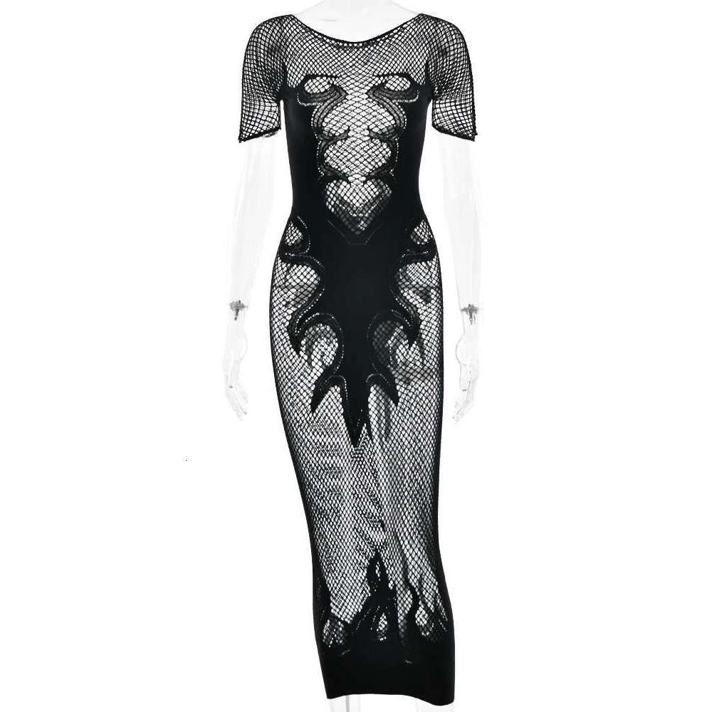 Sibybo See Through High Stretch Long Dress For Women Fashion O Neck Short Sleeve Slim Bodycon Robes Sexy Club Party Dresses KLMY