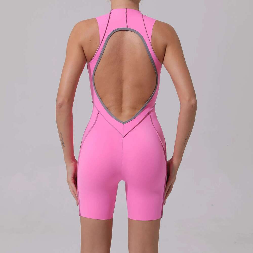 Pad Nylon Women Bodysuit Fiess Yoga Set Splicing Contrast Color Exposed V Butt One-Piece Shorts Jumpsuit Gym Sports Push Up KLMY
