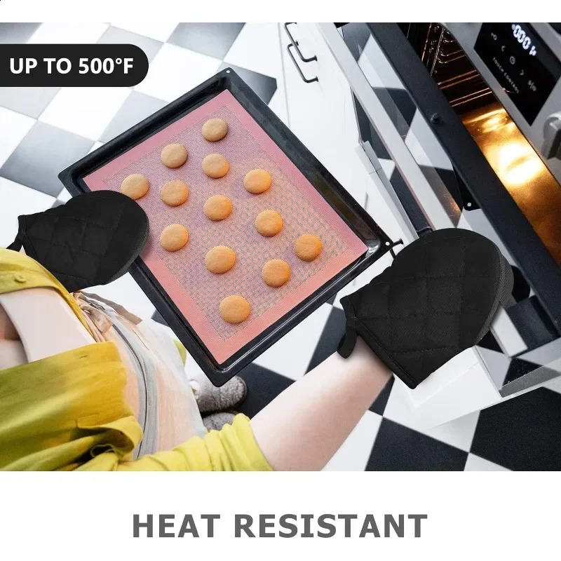 1 Pair Short Oven Mitts Silicone Kitchen Oven Gloves High Heat Resistant 500 with Non Slip Grip Surfaces and Hanging Loop Black 250305