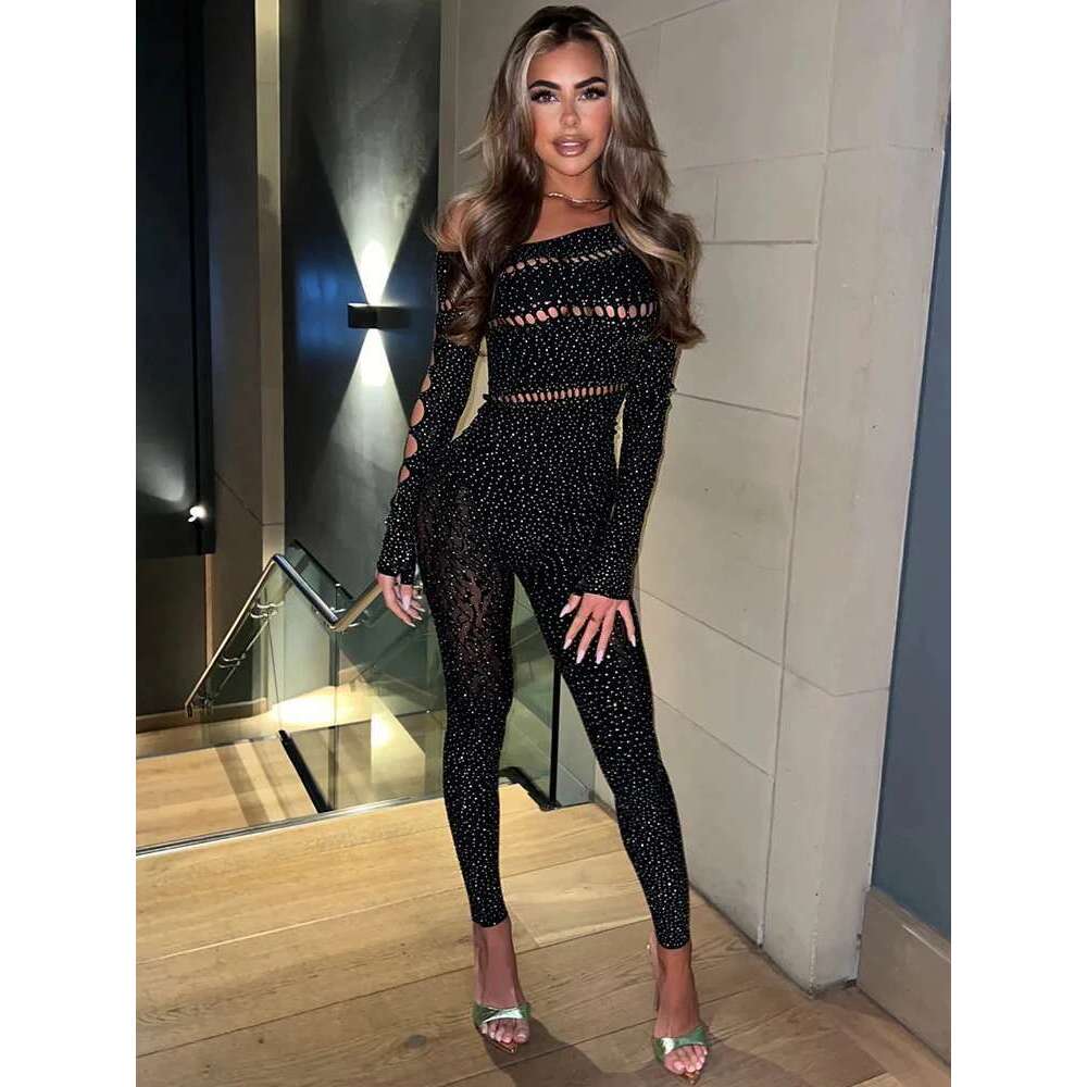 Sibybo Off Shoulder Long Sleeve Jumpsuits Women Fashion Rhies High Stretch Hollow Out Sexy Overalls Sparkly Party Rompers KLMY