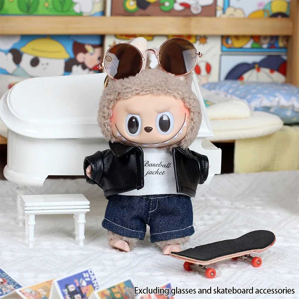 For labubu Cool leather Jacket Dress Fashion Mini Plush Doll Clothes Outfit Accessories for Labubu Idol Skirt Clothing GiftT250307