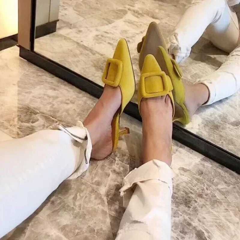 2024 New Mler Shoes Wens Shallow Mouth Pointed Toe Middle Heel Square Buckle Stiletto Baotou Wens Half Slippers Y250306