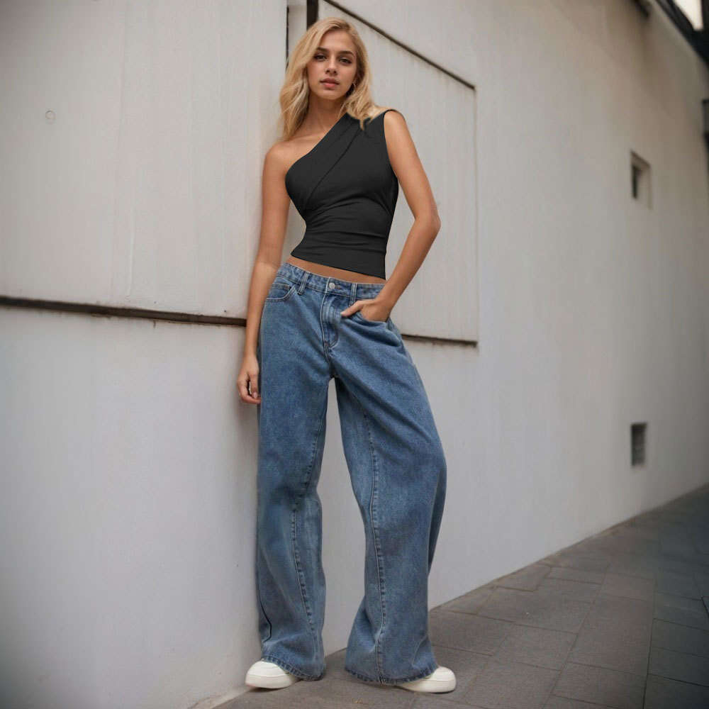 2025Ins Women's Sexy One T-Shirt Spring/Summer New Style Slant Neck Off Shoulder Pure Desire Top KLMY