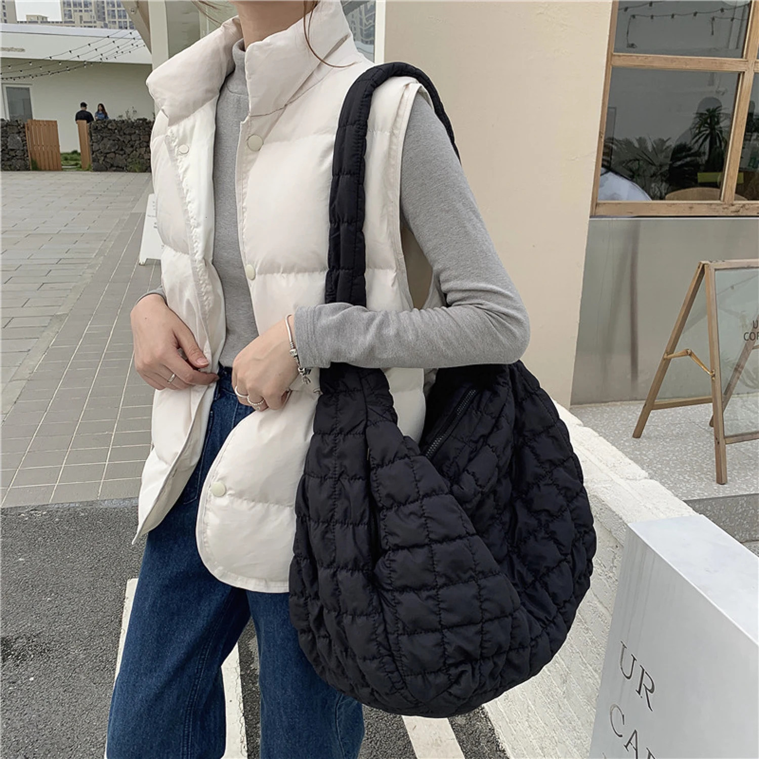 Casual Ruched Hobos Women Shoulder BagsQuilted Padded Crossbody Bag Large CapacityNylon Puffer Tote Bag Big Shopper Purses 250306