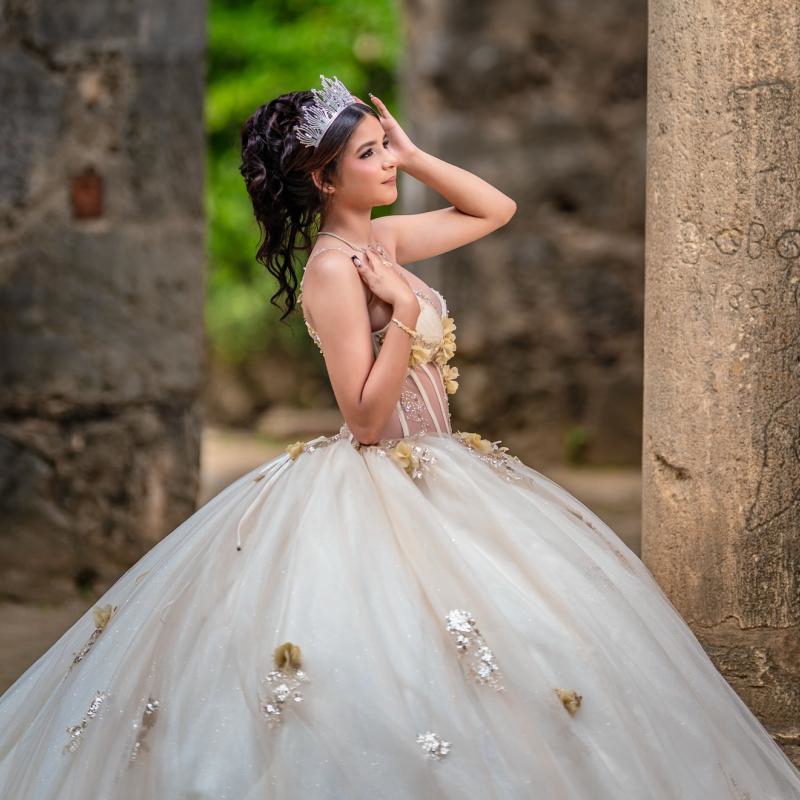 Champagne Shiny Quinceanera Dresses Ball Gown Spaghetti Strap Sequin Applique Flower Beading Crystal Tull Corset Sweet 16 Dress Vestidos 15 De Anos