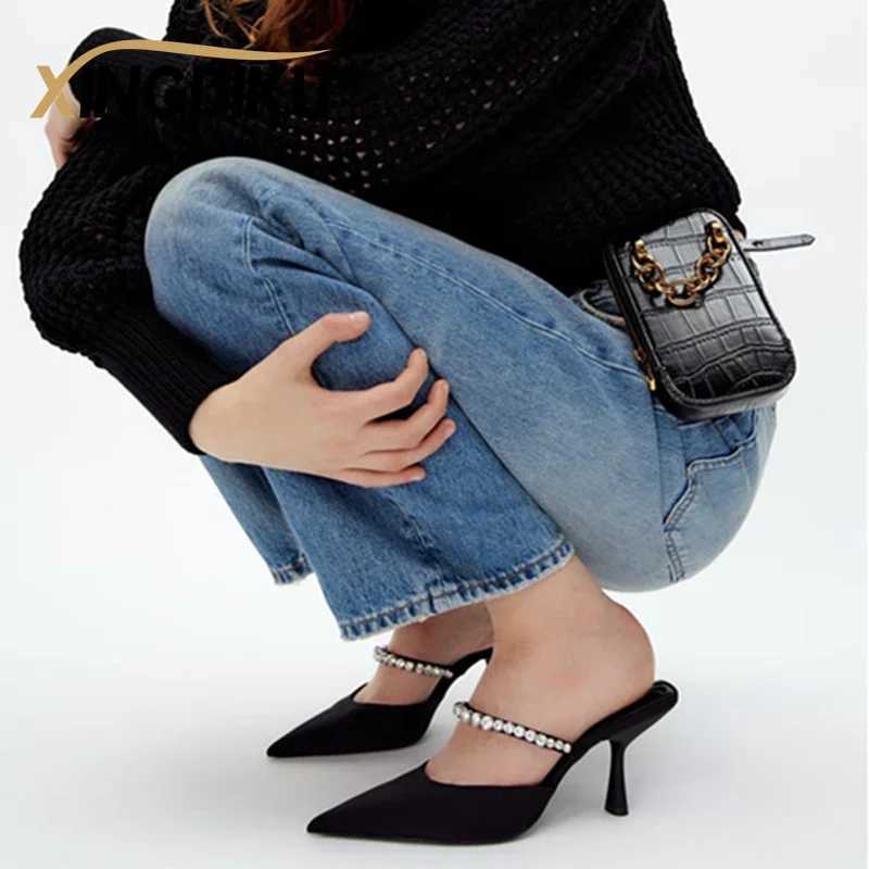 High Heel Sandals Summer 2022 New Pointed Toe Stiletto Black Sexy Ladies Sandals Rhine Sequins Big Size Slippers with shoes Y250306